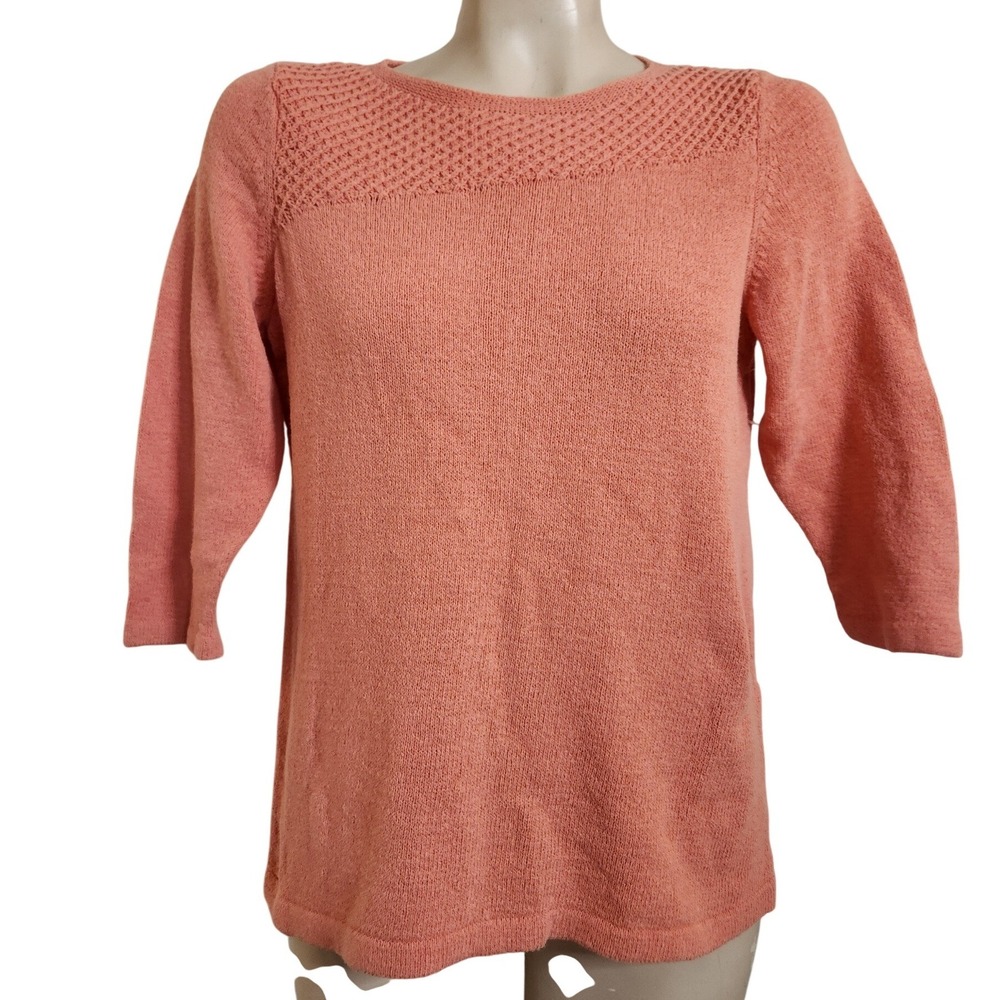 Chicos Coral Orange Lattice Knit Yoke 3/4 Sleeve Sweater Top Size 1 M momcore